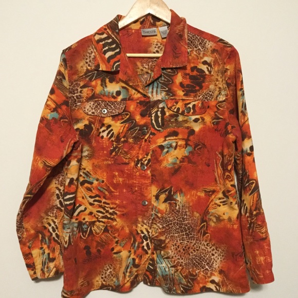 CHICO’S sz 2 (Large) Blouse Long Sleeve Button Up Printed Feathers Orange + - Picture 1 of 6